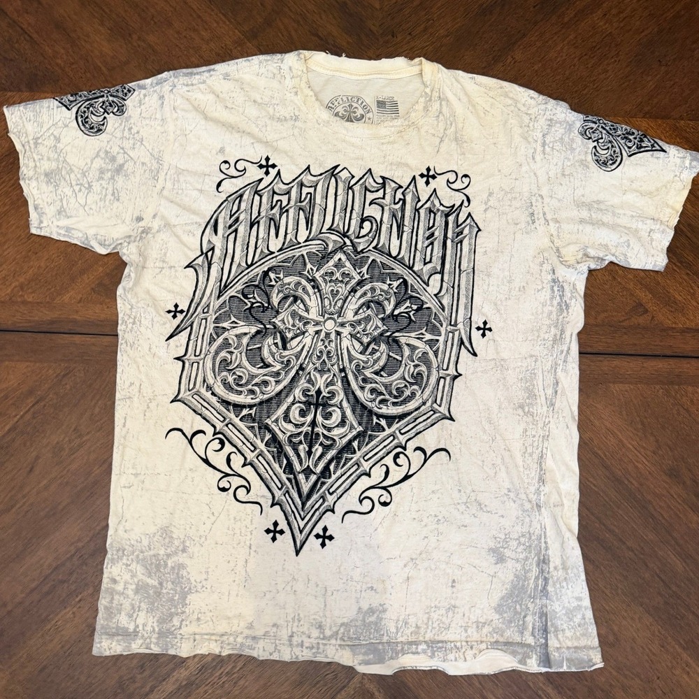 Affliction Mens Graphic T-Shirt XL White Gothic Fleur De Lis Distressed Y2K MMA - Picture 2 of 7